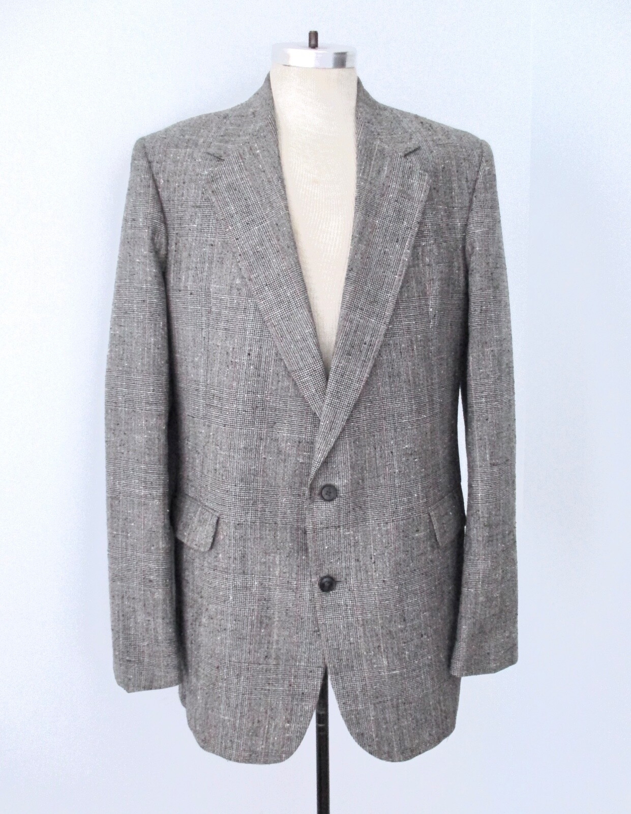 Vtg 80s New Wave Gray Black Red Gold Plaid Knotty Silk Blend