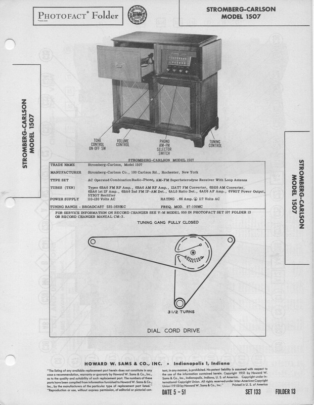 1951 STROMBERG CARLSON 1507 CONSOLE RECORD PLAYER RADIO SERVICE MANUAL PHOTOFACT
