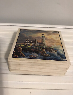 Stone Art - Absorbent Stone Coasters Lighthouse Set of 4 Preowned with stains