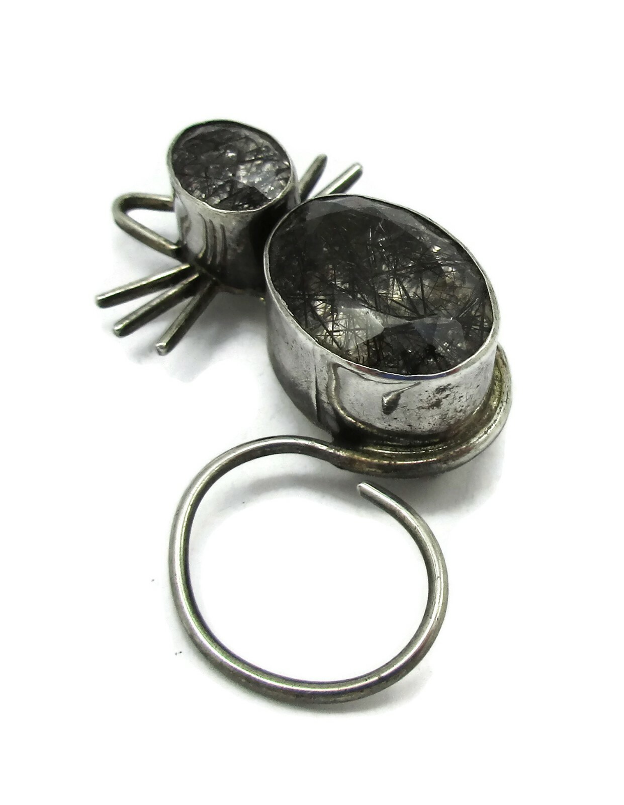 Tourmaline Quartz Sterling Brooch Pin Cat Figural Brooch Artisan Handmade