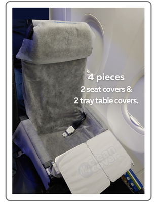 Airplane Seat cover Travel Kit 4-pieces with armrest and tray table covers.