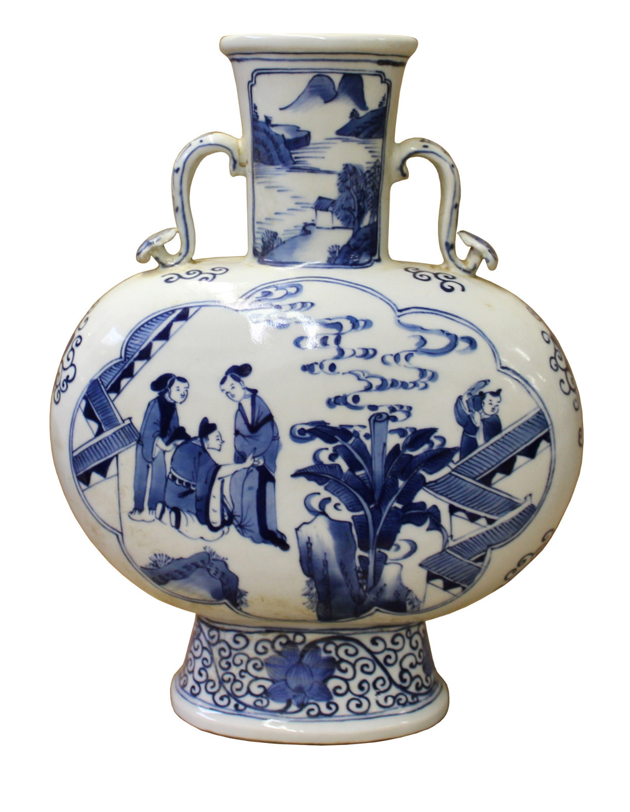 Chinese Blue White Porcelain People Theme Flask Shape Vase cs3025S Chinese Blue White Porcelain People Theme Flask Shape Vase cs3025S