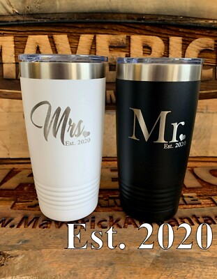 Mr. & Mrs / Est.2020 Bride & Groom Insulated 20oz Tumbler - Set of 2 White/Black