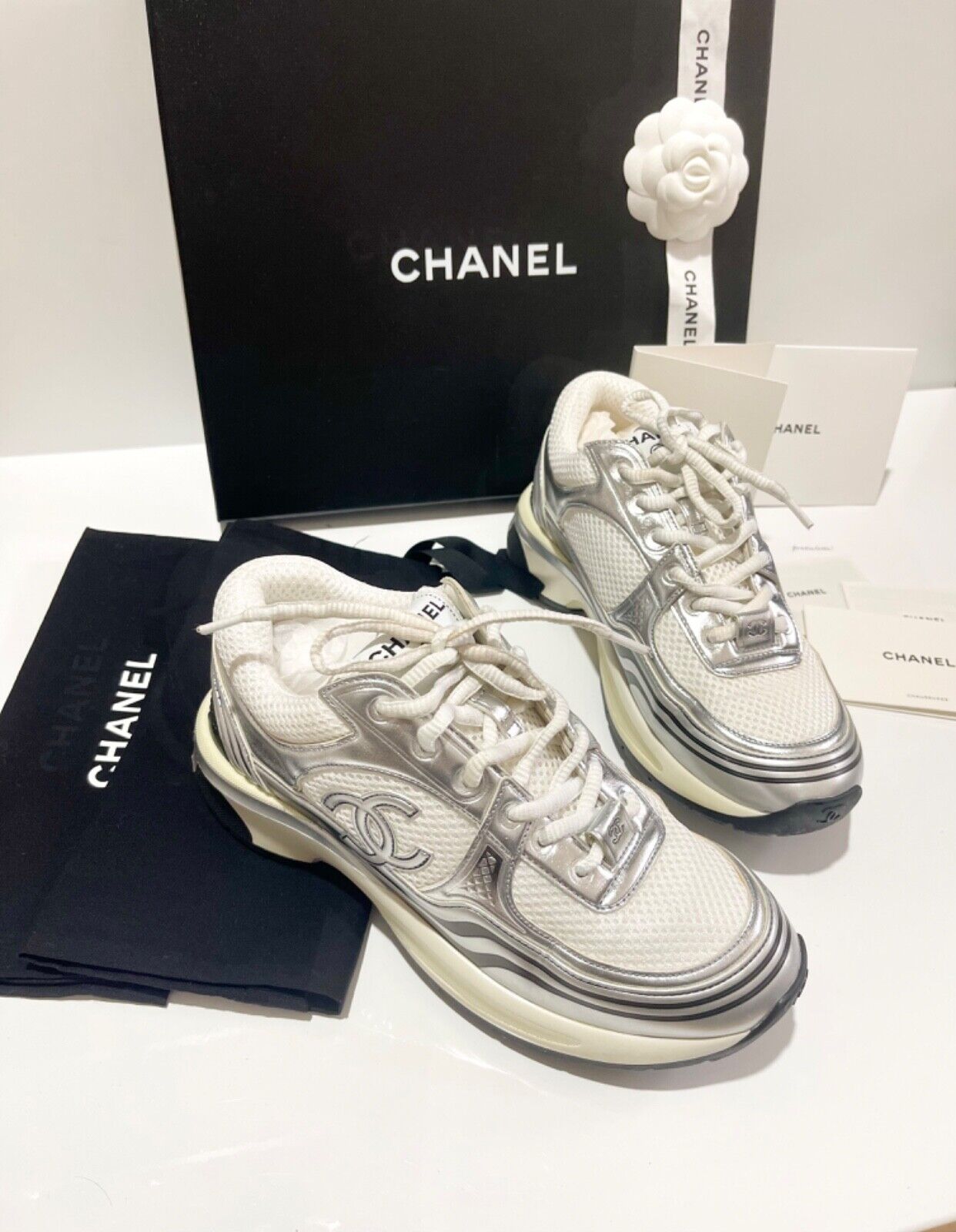 CHANEL white silver CC Runner Laminate Black Sneakers sz 7 CHANEL white silver CC Runner Laminate Black Sneakers sz 7