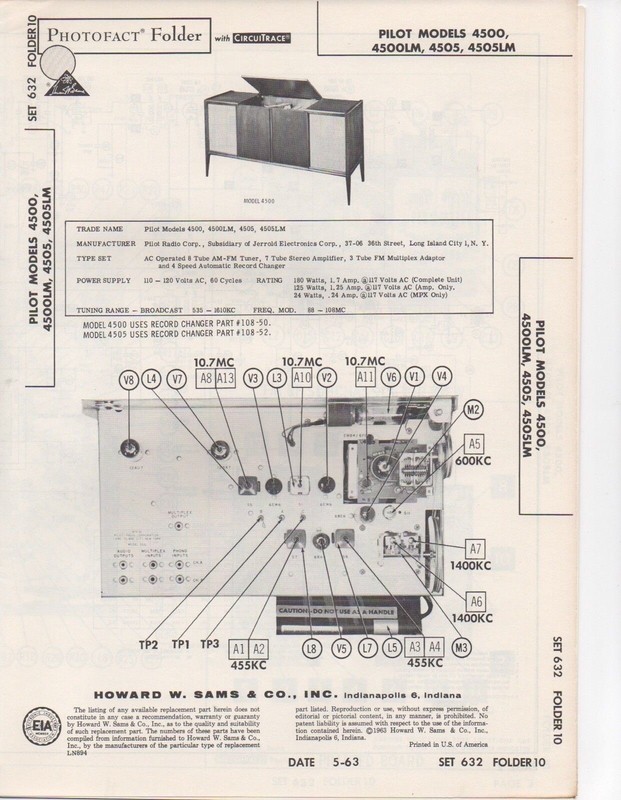 1963 PILOT 4500 RECORD PLAYER CHANGER RADIO SERVICE MANUAL PHOTOFACT 4505 MORE