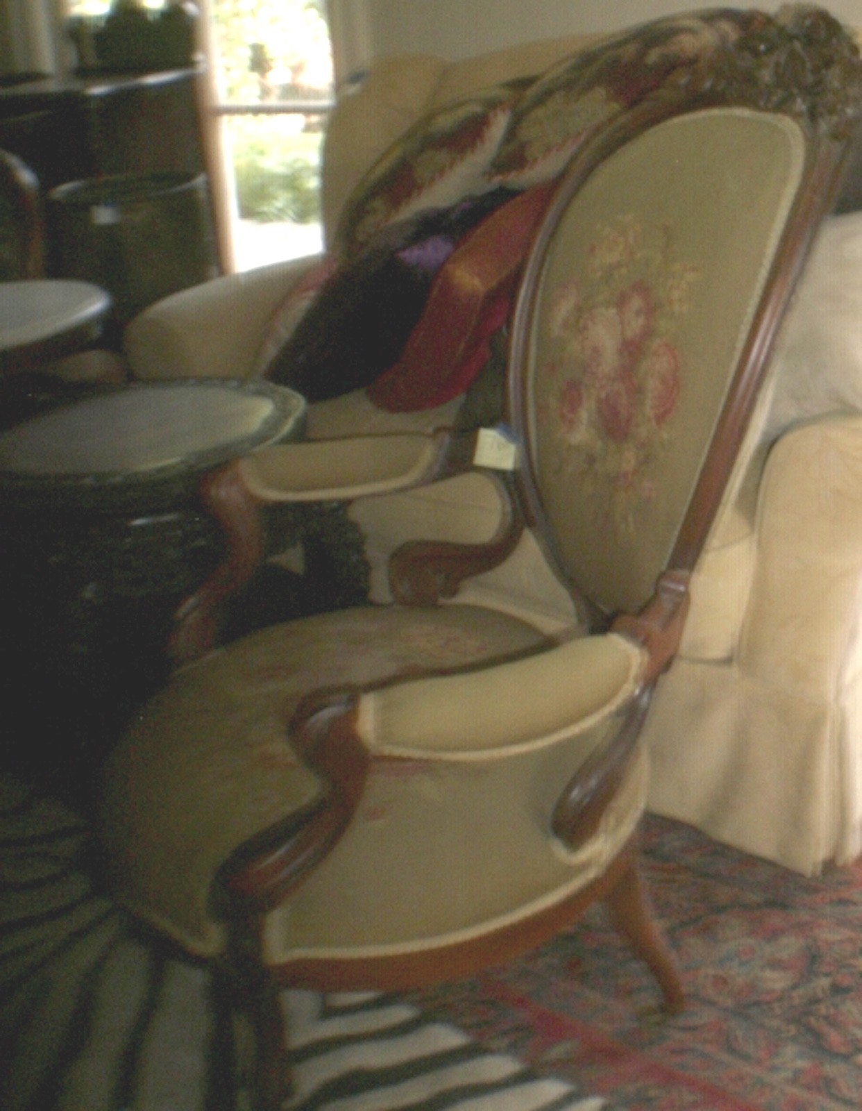 Antique Parlor chair  1800's  Victorian  Needlepoint Green  with  Roses  cat #72