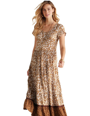 Soft Surroundings Kara Tiered Maxi Dress White Mocha Leopard SZ Med (10-12) NWT