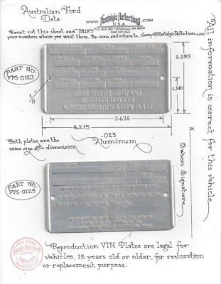  Australian Ford Data Plate CUSTOM MADE 4 your Restoration Project - Side Border