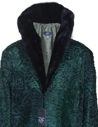 Pre-owned Handmade Green Persian Lamb Fur Karakul Fur Bomber Jacket Mink Fur Collar All Sizes