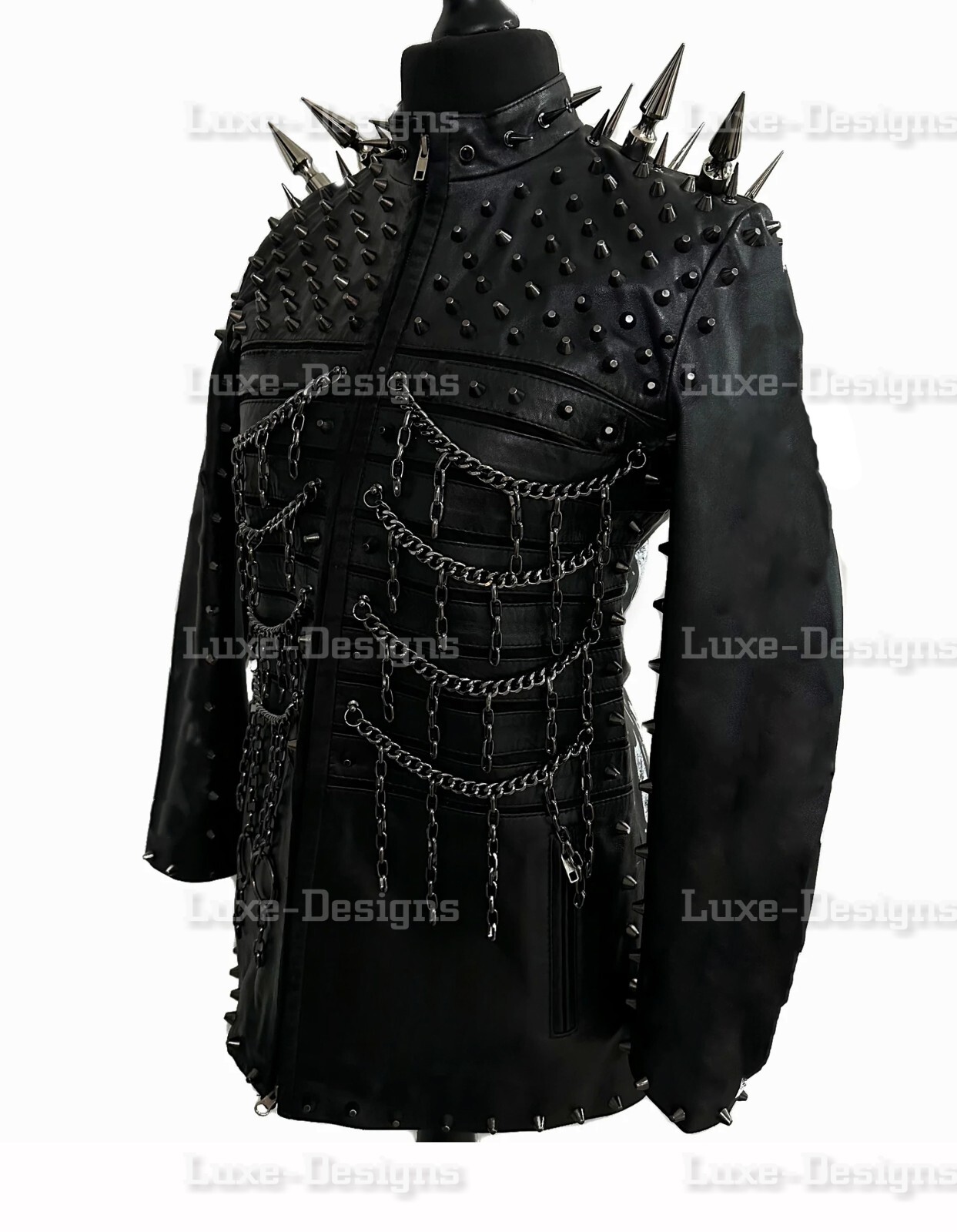Pre-owned Handmade Unisex I Am Inhell Black Punk Long Spiked Studded With Chains Biker Leather Coat In Red Black