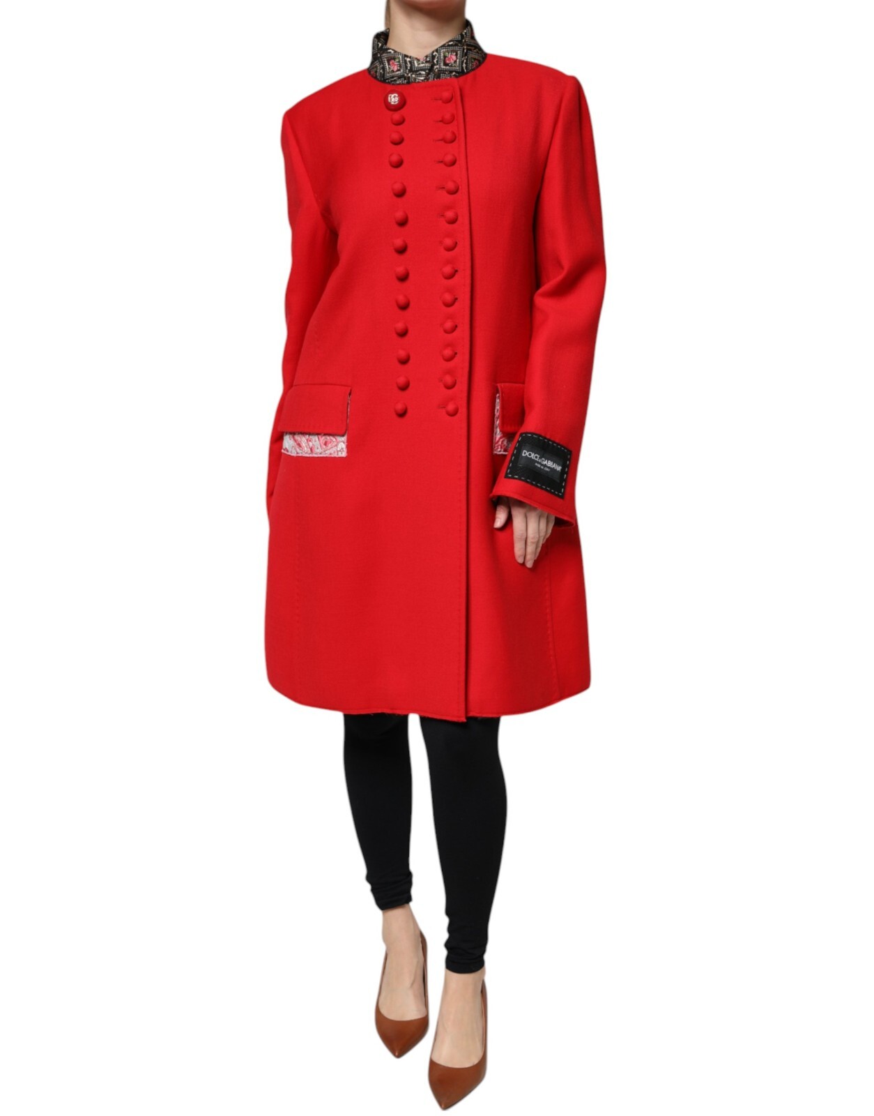 【関税&送料込】Dolce&Gabbana Wool Jacket DOLCE & GABBANA Jacket Red Jacquard Wool Trenchcoat IT48