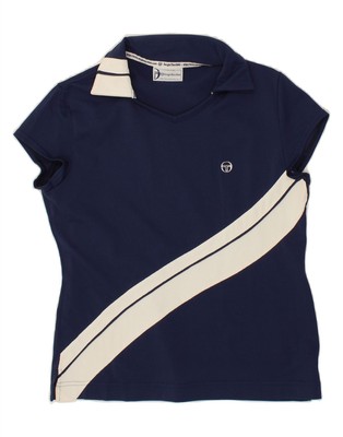 SERGIO TACCHINI Womens Polo Shirt IT 44 Medium Navy Blue Striped Nylon BY48