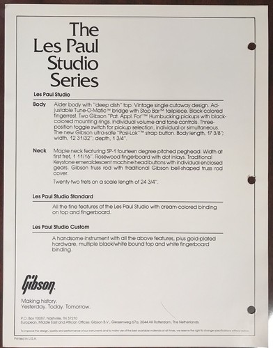 1980 Gibson Les Paul Studio Dealer Sheet