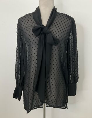 Adrianna Papell Black Dotted Neck Bow Button-Up Long Sleeve Blouse XS
