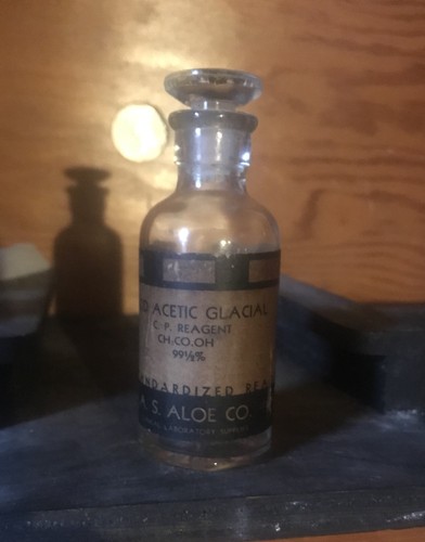 antique apothecary/medical glass bottle with stopper label: ACID ACETIC GLACIAL