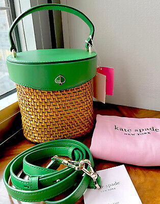Kate Spade Green Bean Leather And Wicker ROSE Mini Top Handle Crossbody Bag $278