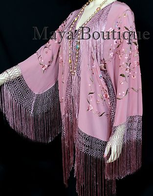 Pre-owned Maya Matazaro Embroidered Silk Fringe Jacket Kimono Strawberry Ice Multi Birds Flower Maya