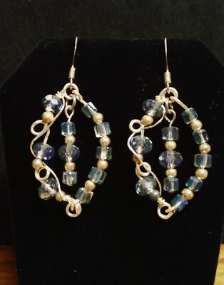 French Hook Earrings Distressed Wire Wrapped Blue Glass Dangle Artisan Made