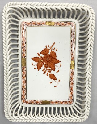 1980's HEREND HVNGARY Tray with Spiral sides Gold Leaf Trim Hand Painted 8 x 6
