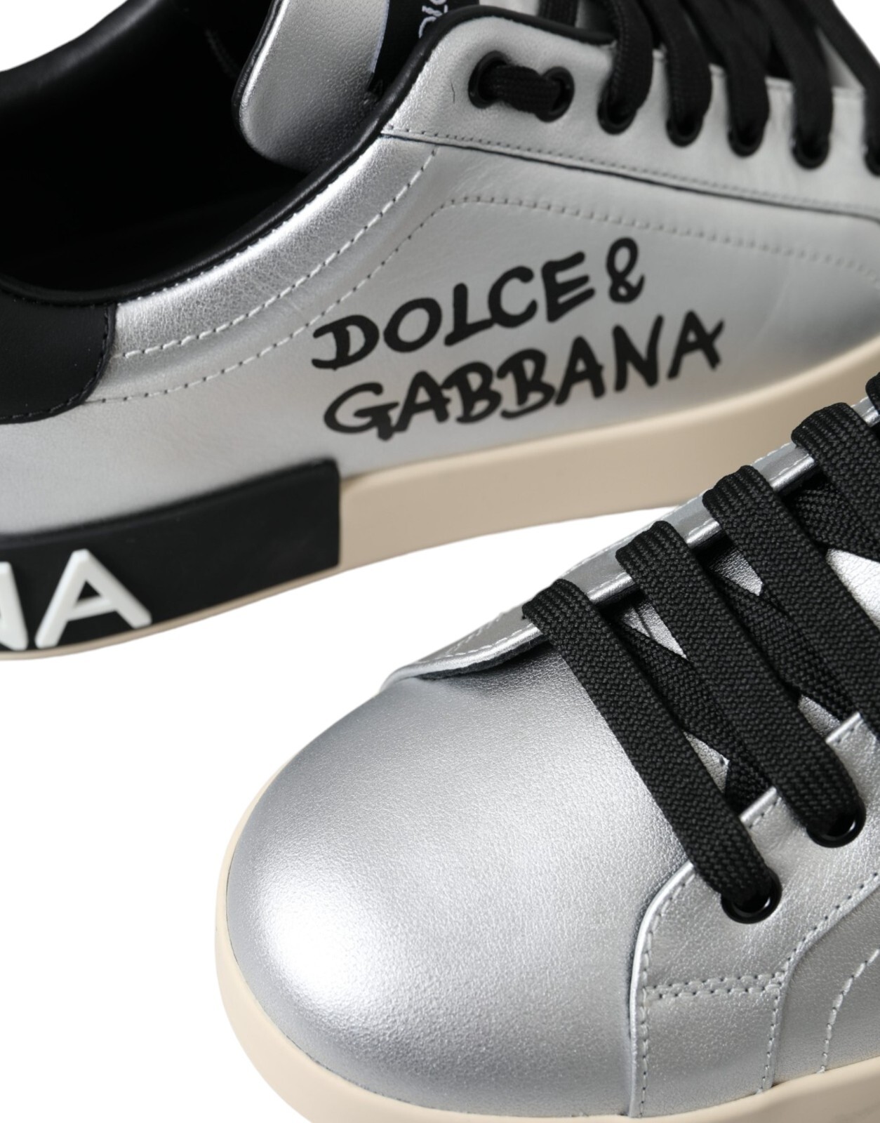 Pre-owned Dolce & Gabbana Shoes Silver Portofino Calf Leather Sneakers Mens Eu40 / Us7