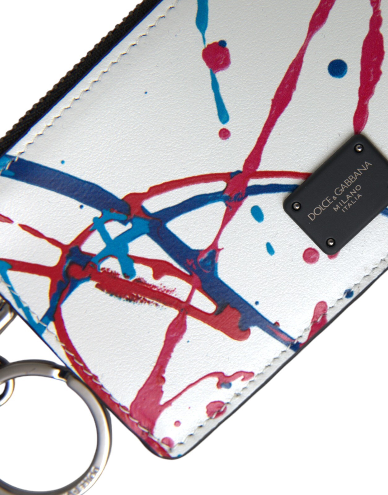 Pre-owned Dolce & Gabbana Wallet White Leather Zip Logo Keyring Cardholder Purse 480usd