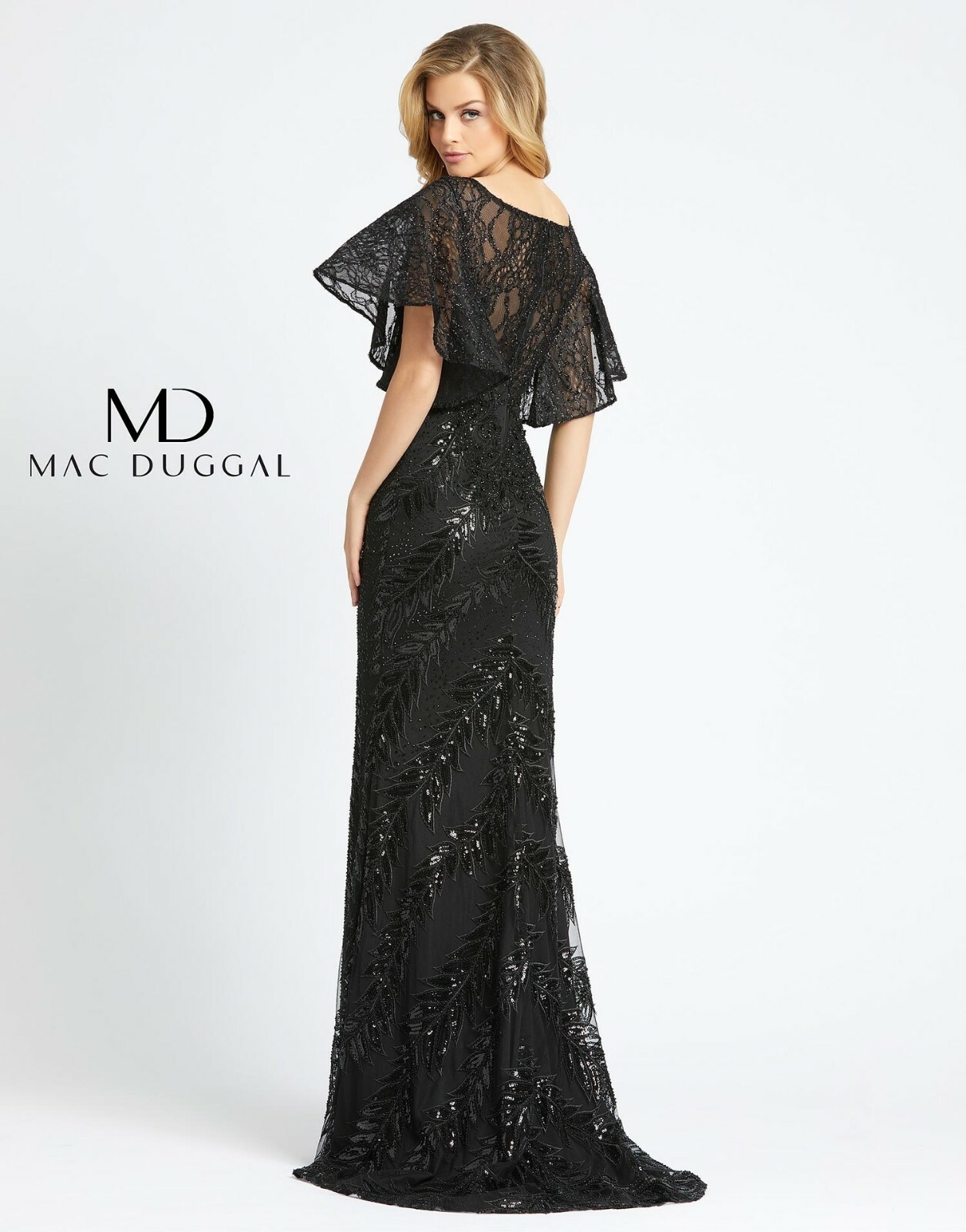 

НОВЫЙ MAC DUGGAL 20103D Черное кружевное платье-русалка с рукавами-накидкой и вышивкой бисером, Черный, 20103D