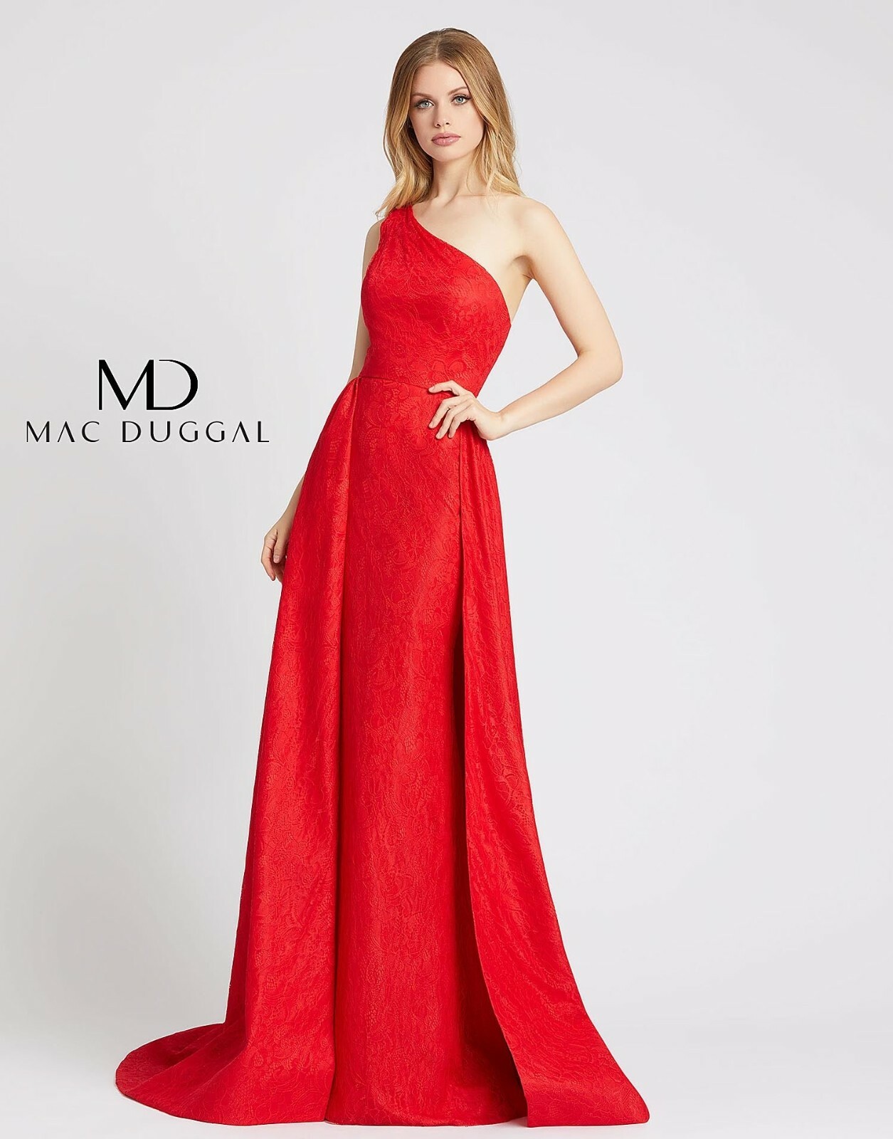MAC DUGGAL 12363 Красное кружевное платье трапециевидного силуэта на одно плечо, верхняя юбка со шлейфом 4 США
