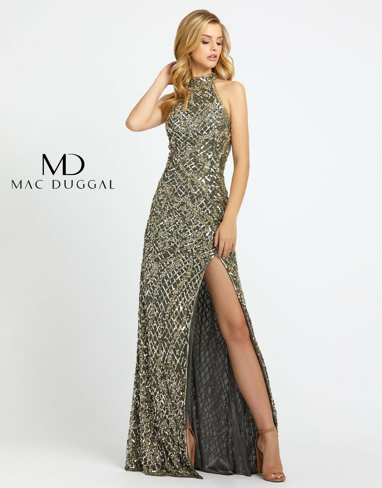 

MAC DUGGAL 4112D Платиново-золотое, украшенное бисером платье с лямкой на шее и высоким разрезом, Multicolor