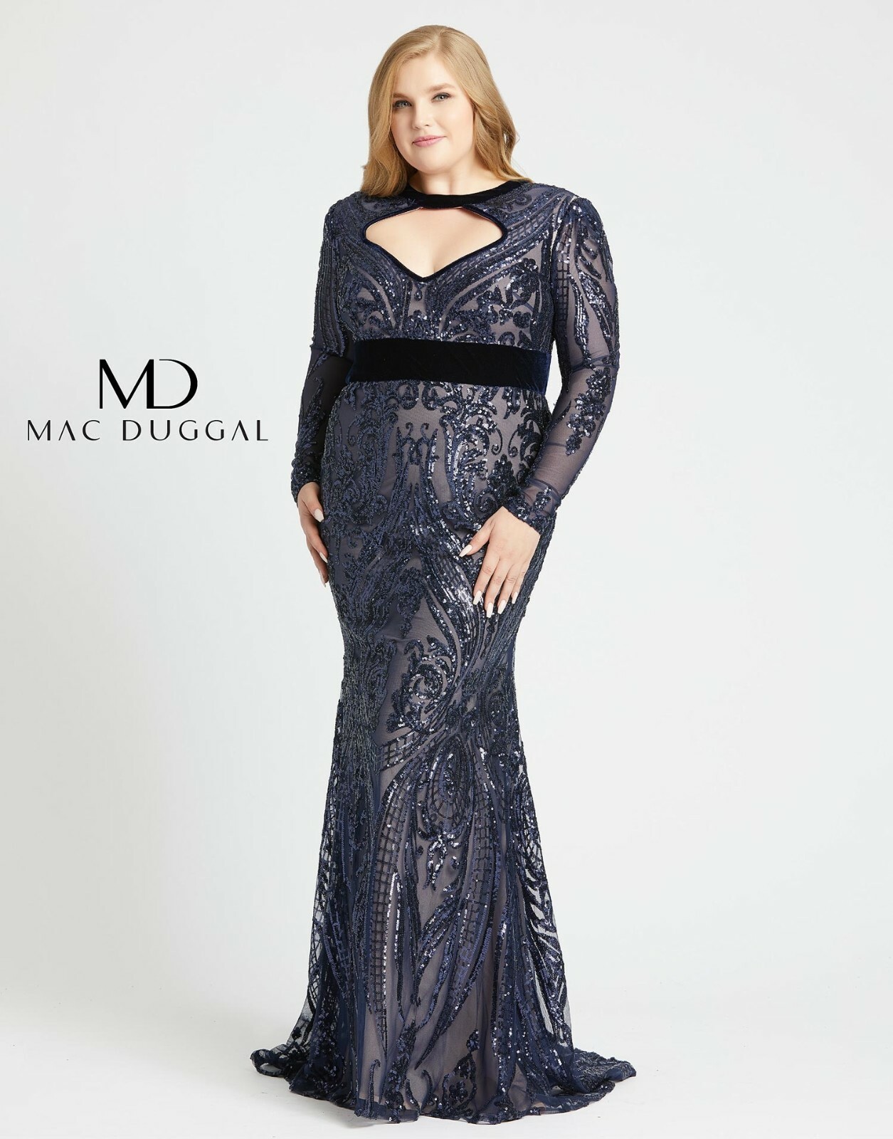 MAC DUGGAL 77664F Платье-русалка с длинными рукавами и пайетками и вырезом Midnight, V-образным вырезом, 18 Вт