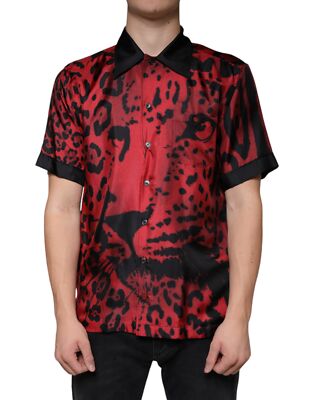 Dolce & Gabbana Red Leopard Silk Button Down Casual Men's