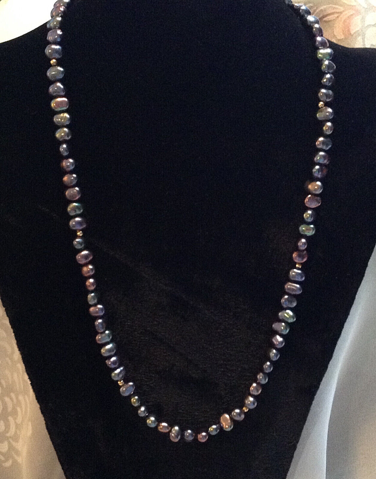 14k Gold Black Iridescent Pearl Necklace W14k spacers NWOT