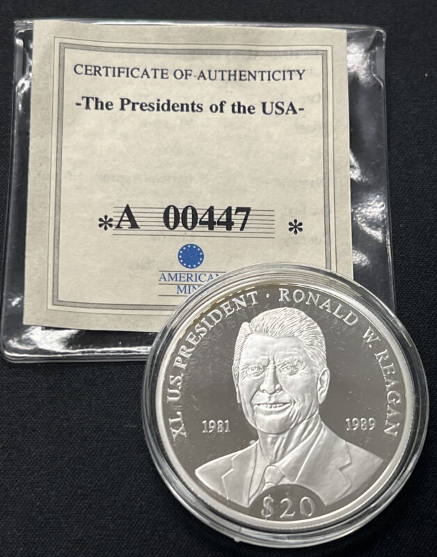 2000 Liberia President Ronald Regan Proof Silver $20 w/ COA