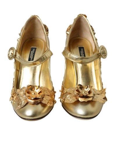 Pre-owned Dolce & Gabbana Dolce&gabban Women Gold Pumps Leather Block High Heel Mary Jane Shoes Size Eu 36