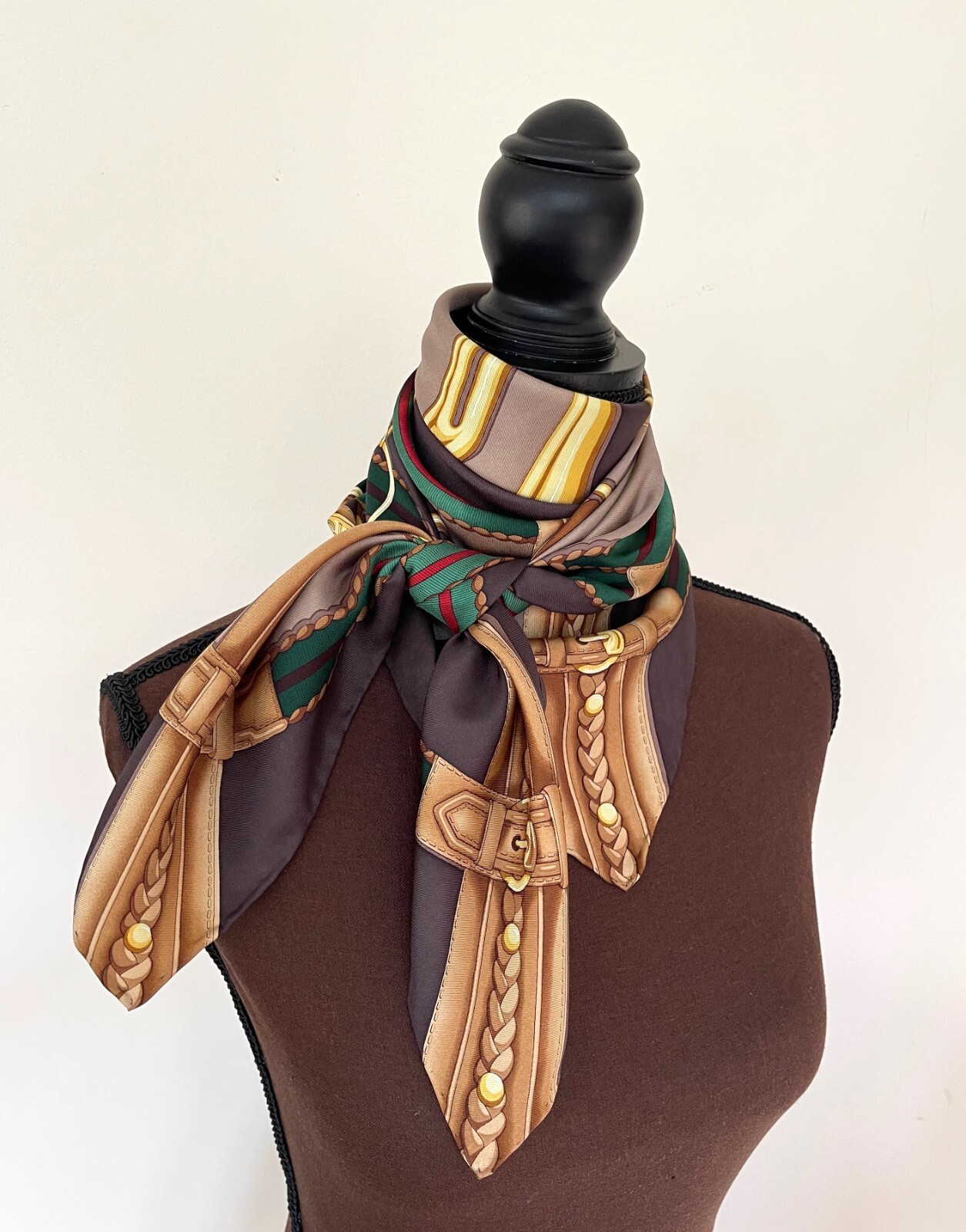 Pre-owned Gucci Unisex  Silk Wrap Logo Print Horsebit Equestrian Brown Beige Scarf