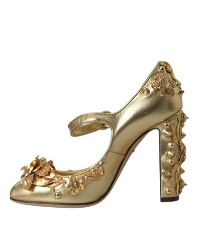 Pre-owned Dolce & Gabbana Dolce&gabban Women Gold Pumps Leather Block High Heel Mary Jane Shoes Size Eu 36