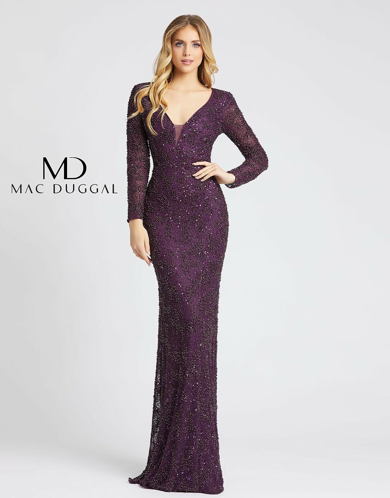 

НОВЫЙ MAC DUGGAL 5177D сливово-фиолетовое платье со шлейфом и длинными рукавами, расшитое пайетками и жемчугом, Фиолетовый, 5177D
