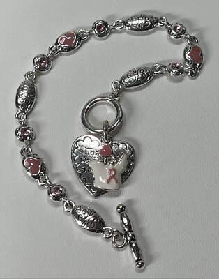  Together We Can Make A Difference  Pink Enamel Hearts Rhinestones 8  Bracelet