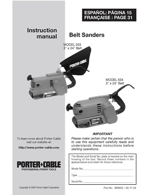 Rockwell Porter Cable 503 504 Belt Sander Owners Instruction Manual