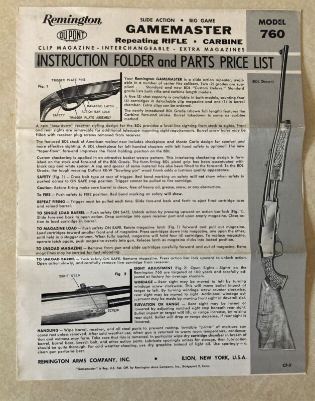 GAMEMASTER 760 Remington Rifle Instruction Folder & Parts Price List