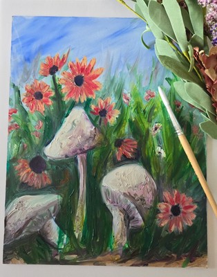 ''Beneath the Meadow'' new handmade 8x10'' floral oil painting of mushrooms 