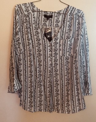 FRED DAVID Black White Gray Flower Print 3/4 Sleeve Lightweight Blouse 3X NWT