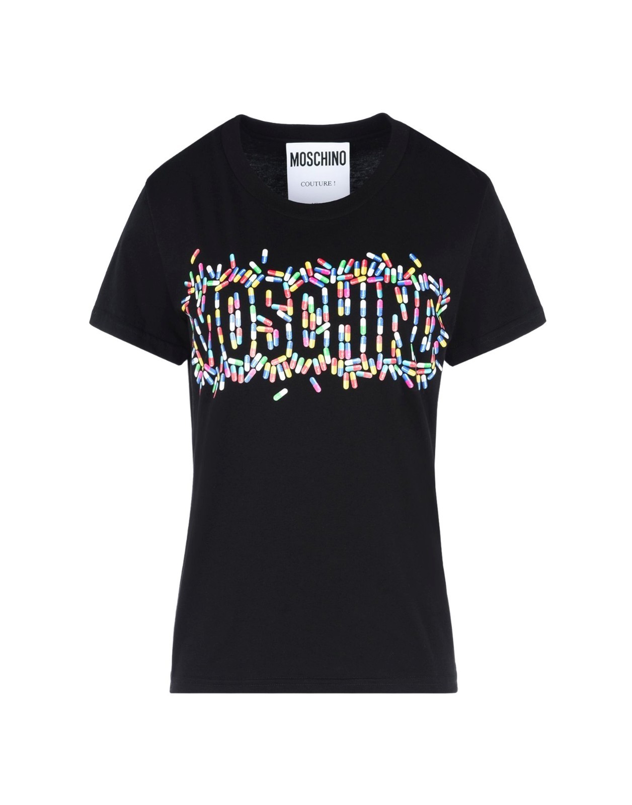 Pre-owned Moschino $250 Ss17  Couture X Jeremy Scott Justsay Pills Logo T-shirt In Multi-color/black