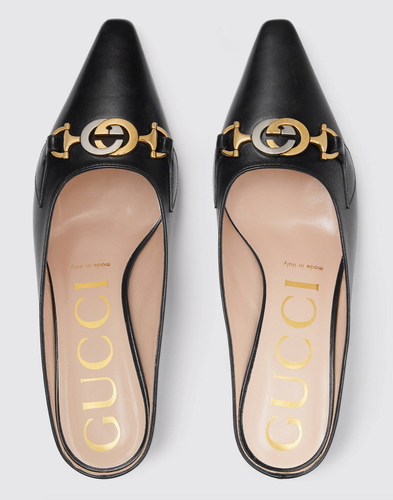 Pre-owned Gucci Zumi Black Leather Silver Gold Gg Kitten Heel Mule Slide Loafer Pump 37