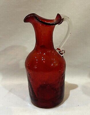 VTG Hand Blown Crackle Glass Ruby Red Pitcher Creamer 5.25'' Applied Handle 
