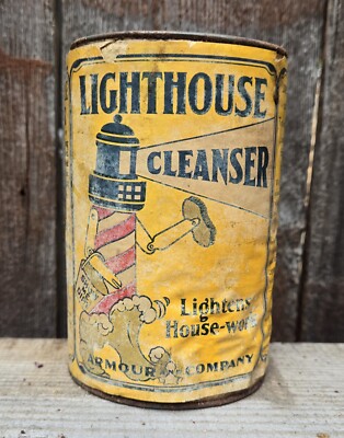 Vintage LIGHTHOUSE CLEANSER 14oz Tin Can Early PAPER Label Empty