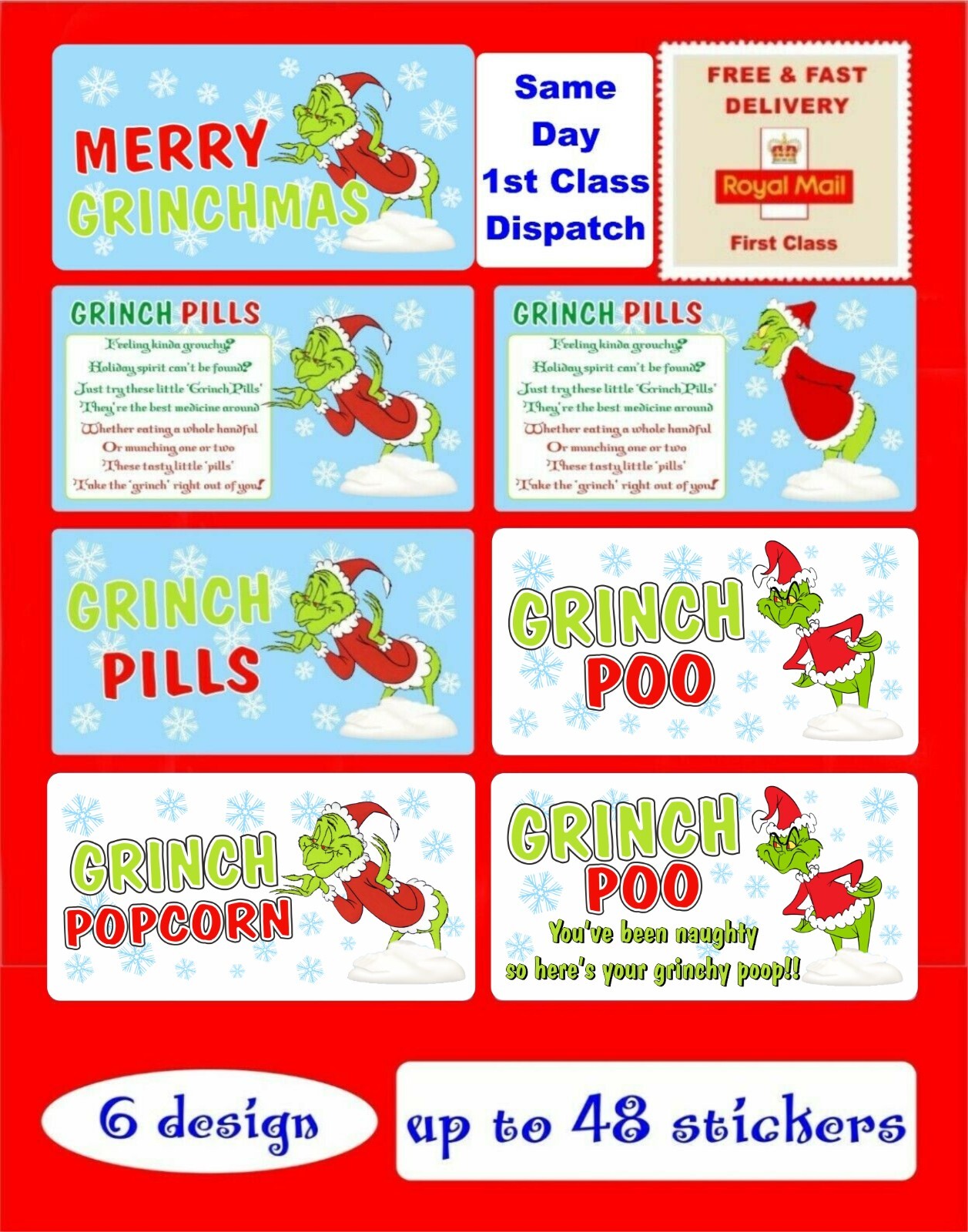 Christmas GRINCH PILLS, POPCORN, POO etc Sticker Label Business Xmas Fun Gift | eBay UK for Free Printable Grinch Pills Bag Topper
