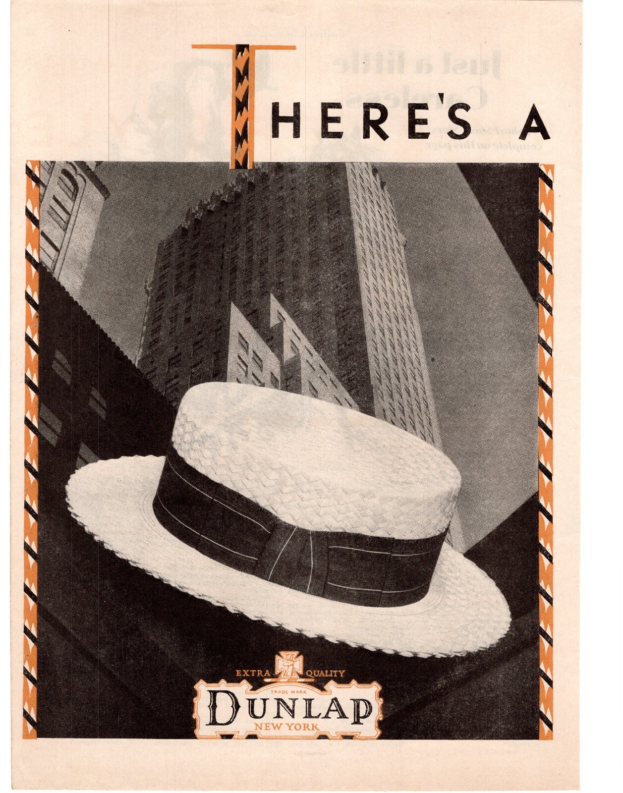 1929 There's A Dunlap Extra Quality Hat Single Page Print Ad