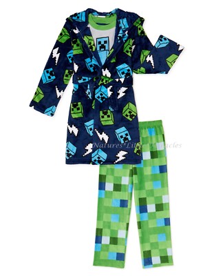 Minecraft Boys Pajamas Robe Set 3 Piece Hoodie Cover Up Size 10 Creeper Girl NWT