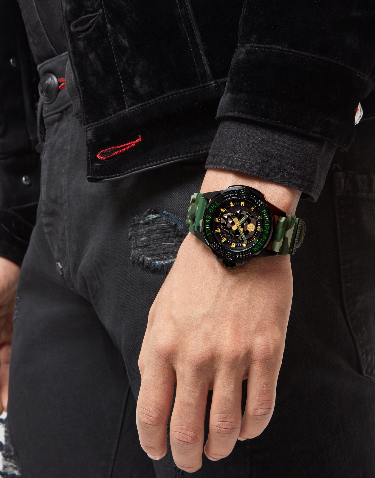 Pre-owned Philipp Plein Men's Watch Pwaaa0821 The Skull Green Camouflage