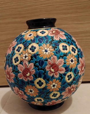 VASE BOULE  EMAUX LONGWY BOULE COLONIALE ART DECO VINTAGE 1930